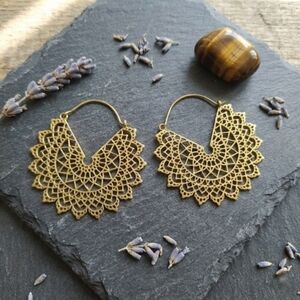 Artisanal 100% Brass Mandala Hoop Earrings Gold Filigree Boho Statement Jewelry